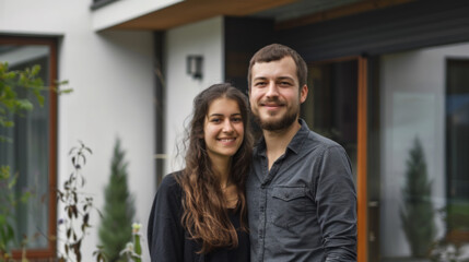 Fototapeta premium Young Couple Smiling Outside Contemporary Home