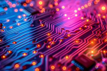Fototapeta premium Close-Up Circuit Board with Glowing Red Lights Technology Background