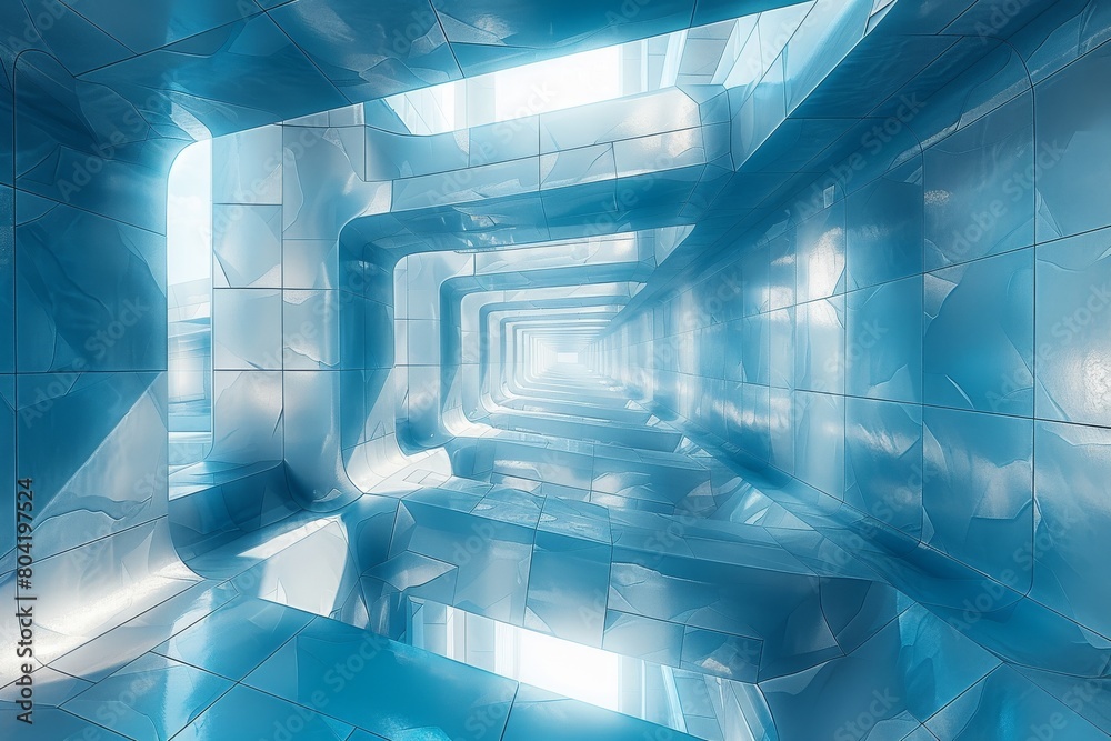 Poster a captivating computer-generated tunnel with blue geometric patterns and a sense of depth and techno