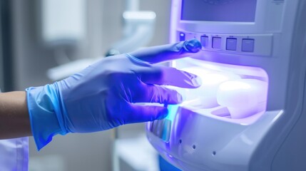 hand of a dentist wearing surgery gloves, while preparing a dental LED curing light machine