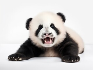 A baby panda is lying on its belly with its mouth open and its paws outstretched.