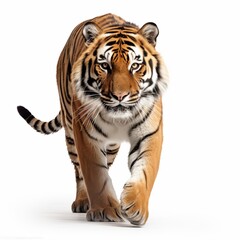 A large, majestic tiger with a white background