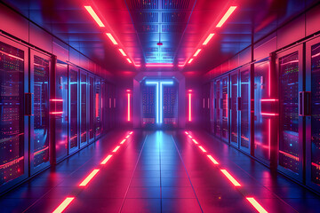 Fototapeta premium Futuristic Data Center with Neon Lights - Server Room Technology