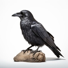 A studio portrait of a raven, perched on a piece of driftwood.