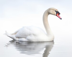 A swan gracefully glides across the still water.