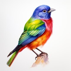 A watercolor painting of a brightly colored bird with blue, green, yellow, orange, and red feathers.