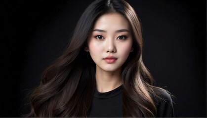 Fototapeta premium beautiful asian female fashion model with flowing long hair close-up portrait posing on plain black background from Generative AI