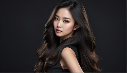 Naklejka premium beautiful asian female fashion model with flowing long hair close-up portrait posing on plain black background from Generative AI