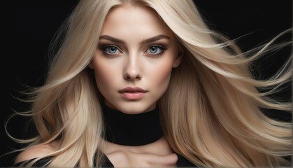 Naklejka premium beautiful blonde female fashion model with flowing long hair close-up portrait posing on plain black background from Generative AI
