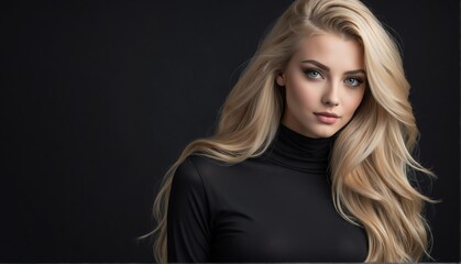 Naklejka premium beautiful blonde female fashion model with flowing long hair close-up portrait posing on plain black background from Generative AI
