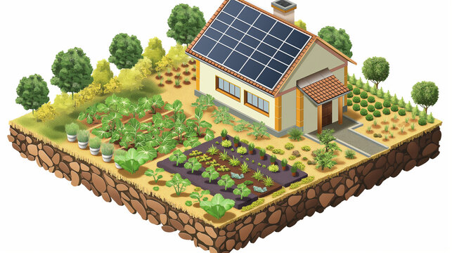 Smart Solar Farming with agriculture system solar panels between vegetable fram area ecology isometric isolated cartoon vector.
