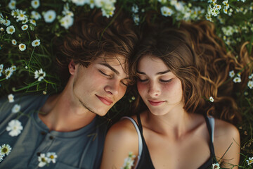 A cute couple in love lying on the grass together, seen from above