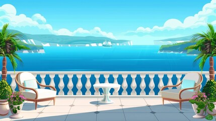 The view from the hotel balcony or terrace is of the Mediterranean sea. Summer landscape of sea beach with white balustrade, couch and table, modern cartoon illustration.