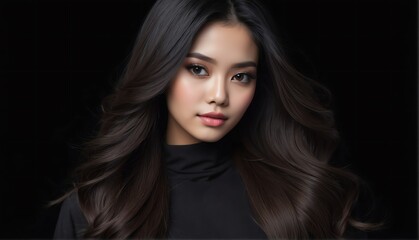 beautiful indonesian female fashion model with flowing long hair close-up portrait posing on plain black background from Generative AI