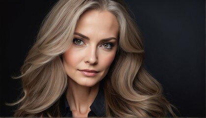 Naklejka premium beautiful middleaged female fashion model with flowing long hair close-up portrait posing on plain black background from Generative AI