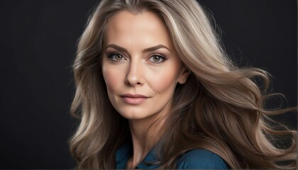 Fototapeta premium beautiful middleaged female fashion model with flowing long hair close-up portrait posing on plain black background from Generative AI