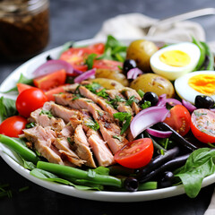 Nicoise Salad with Tuna, Eggs, Olives, and Fresh Vegetables