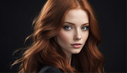 Fototapeta premium beautiful redhead female fashion model with flowing long hair close-up portrait posing on plain black background from Generative AI