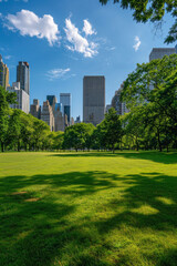 Fototapeta premium A metropolitan park with a city skyline in the background 