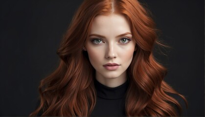 Fototapeta premium beautiful redhead female fashion model with flowing long hair close-up portrait posing on plain black background from Generative AI