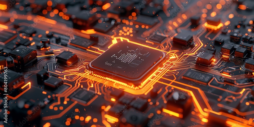 Aufkleber configure technology concept with tool symbol on a microchip. orange neon data flows between the cpu