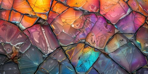 Colorful broken glass, rainbow color reflections, close up photo	
