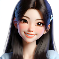 Happy Asian cartoon character girl, young woman portrait, female, happy mood, feeling expression concept, beautiful eyes, 3d style, isolated on a white background