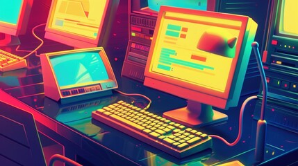 Modern illustration of retro software windows on computer desktop. Dialog box, media player, internet connection, login, system error messages, folders and documents.
