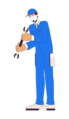 Caucasian worker with wrench 2D linear cartoon character. Professional male mechanic with work tool isolated line vector person white background. Labor occupation color flat spot illustration