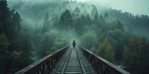 Misty forest railroad bridge with a lone woman walking - Powered by Adobe
