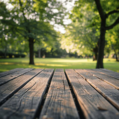 wooden table Close up with blurry trees generated.AI