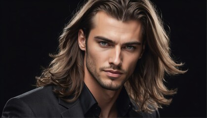 handsome caucasian male fashion model with flowing long hair close-up portrait posing on plain black background from Generative AI
