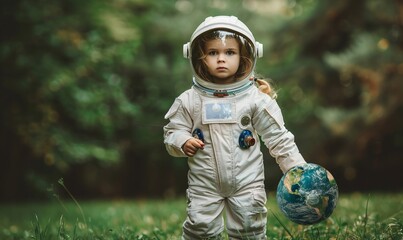 Girl wearing astronaut costume holding cut out of earth standing on grass - Powered by Adobe