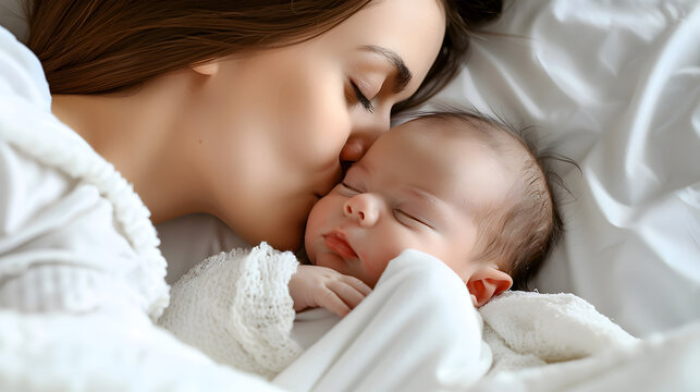 Close up of a young mother kissing her baby on the forehead, both lying in bed at home