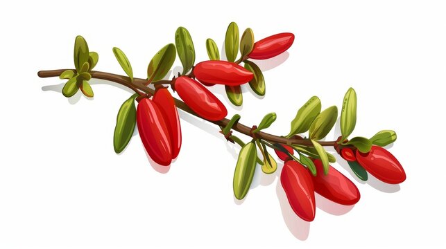 Detailed modern illustration of a realistic 3D barberry, goji plant-an organic edible decoration with a wild twig from a berberis bush. A natural vegetarian supplement with vitamins and minerals.