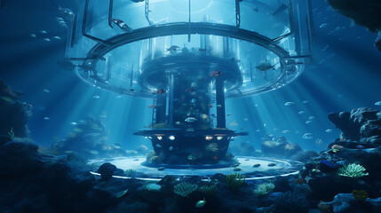 A futuristic underwater research facility exploring the depths of the ocean, uncovering new species and ecosystems with advanced marine technology.