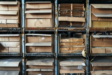 Closeup of cardboard boxes neatly organized on metal shelving units in a warehouse, emphasizing textures and order