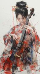 jeun fille au violon dessin à l'aquarelle