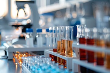 A row of test tubes filled with colorful liquids, neatly organized on a laboratory bench - Powered by Adobe