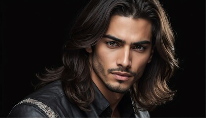 handsome hispanic male fashion model with flowing long hair close-up portrait posing on plain black background from Generative AI