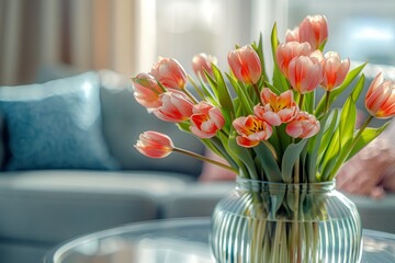A closeup of a vase filled with pink flowers placed on top of a table in a spring living room composition
