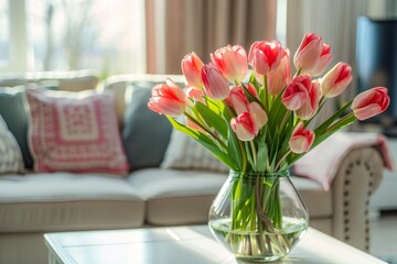 A vase holding red and white tulips placed on a table in a spring living room setting