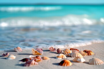 Closeup of cluster of vibrant seashells scattered on sandy beach