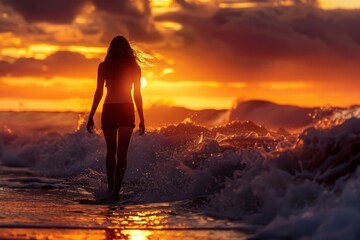 A woman walking into the ocean as the sun sets, with crashing waves in the background
