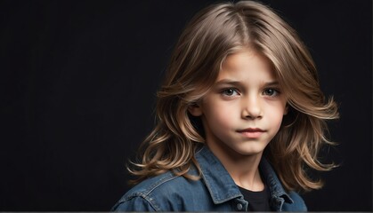 handsome kid male fashion model with flowing long hair close-up portrait posing on plain black background from Generative AI