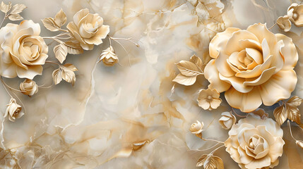 3d luxury floral white flower leaves and golden wall wallpaper.interior wall home decorative background.generative ai