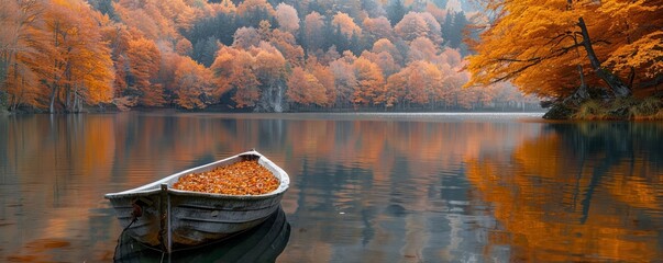 Rowing Boat in a Peaceful Lake Surrounded by Autumn Trees.