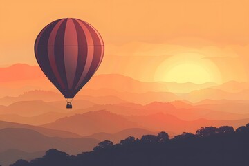 Fototapeta premium Aerostat, hot air balloon floating gracefully in the early morning sky as the sun rises in the background, warm glow on the mountain landscape below