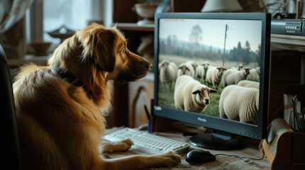 Dog watching sheep on computer screen, depicting curiosity or remote work concept.