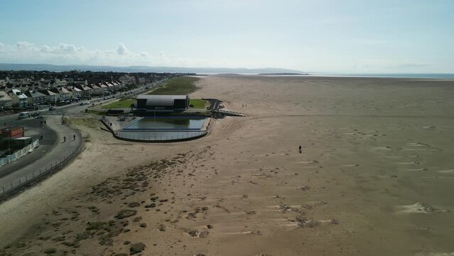 Hoylake Beachfront conservation area - aerial drone flyover from meols, highlighting Spartina grass, Wirral, UK